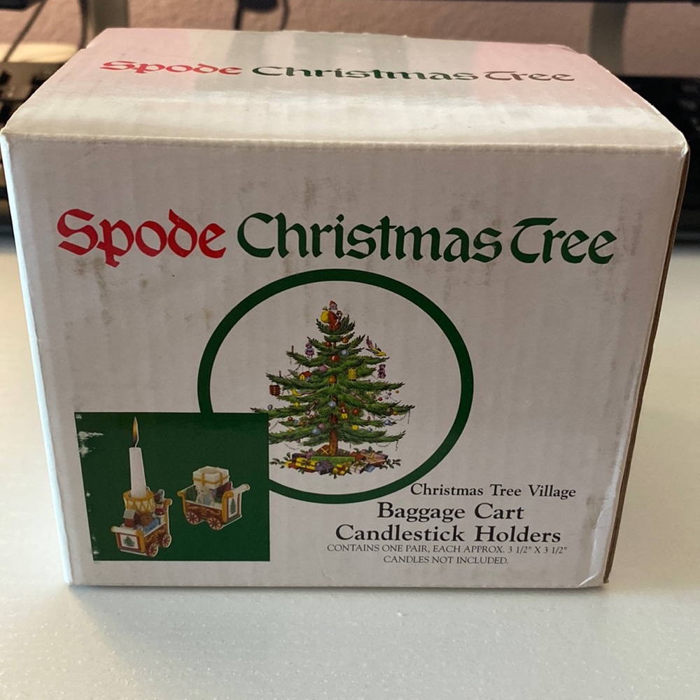 Spode Christmas Tree Village Baggage Cart Candlestick Holders